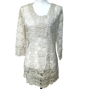 SOLITAIRE SWIM Medium Ivory Lace Crochet Boho Floral Swim Cover Up Dress Vintage